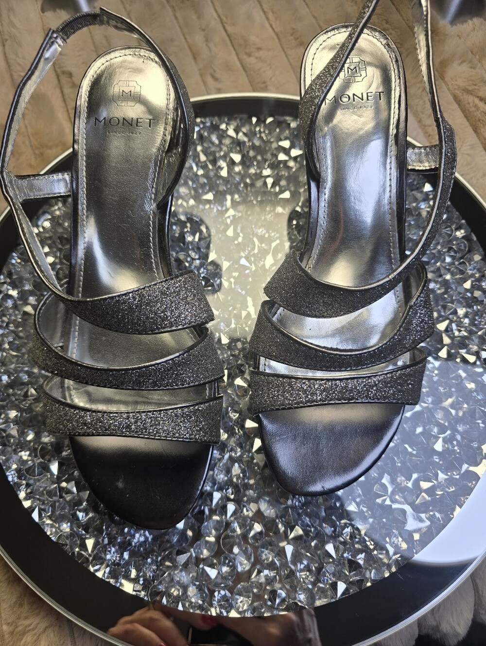 Monet Since 1929 Gunmetal Silver Glitter Strappy Slingback Heels Sz 7.5